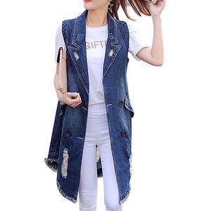 Button Up Mid Long Distressed Denim Jean Vest
